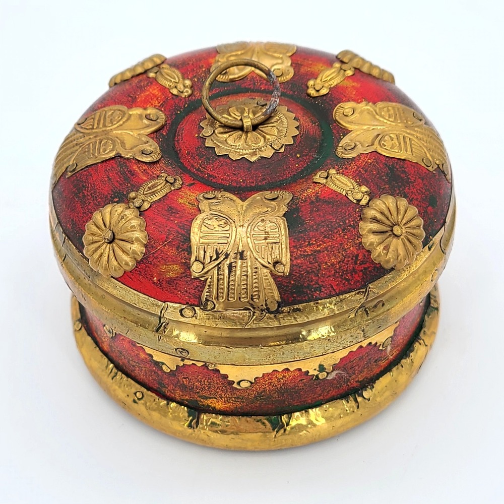 VTG Wood Trinket or Jewelry Box with Brass Detail Made In India Red Lining 3.5"